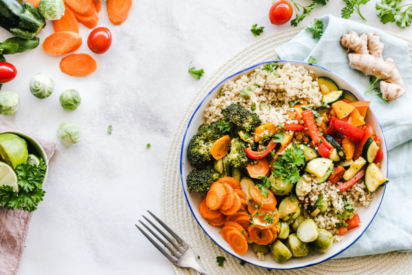 Warm Quinoa & Roasted Veg Bowl with Hemp Dressing