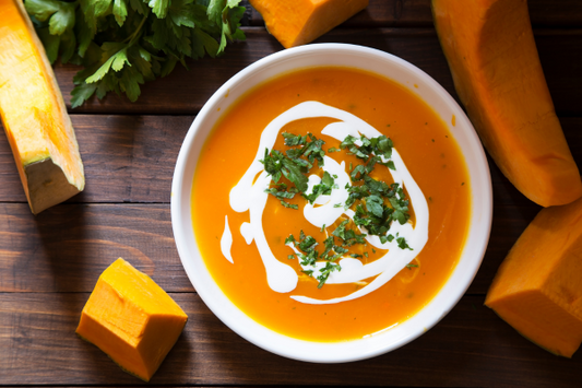 Creamy Butternut Squash Soup with Hemp Seed Oil Drizzle