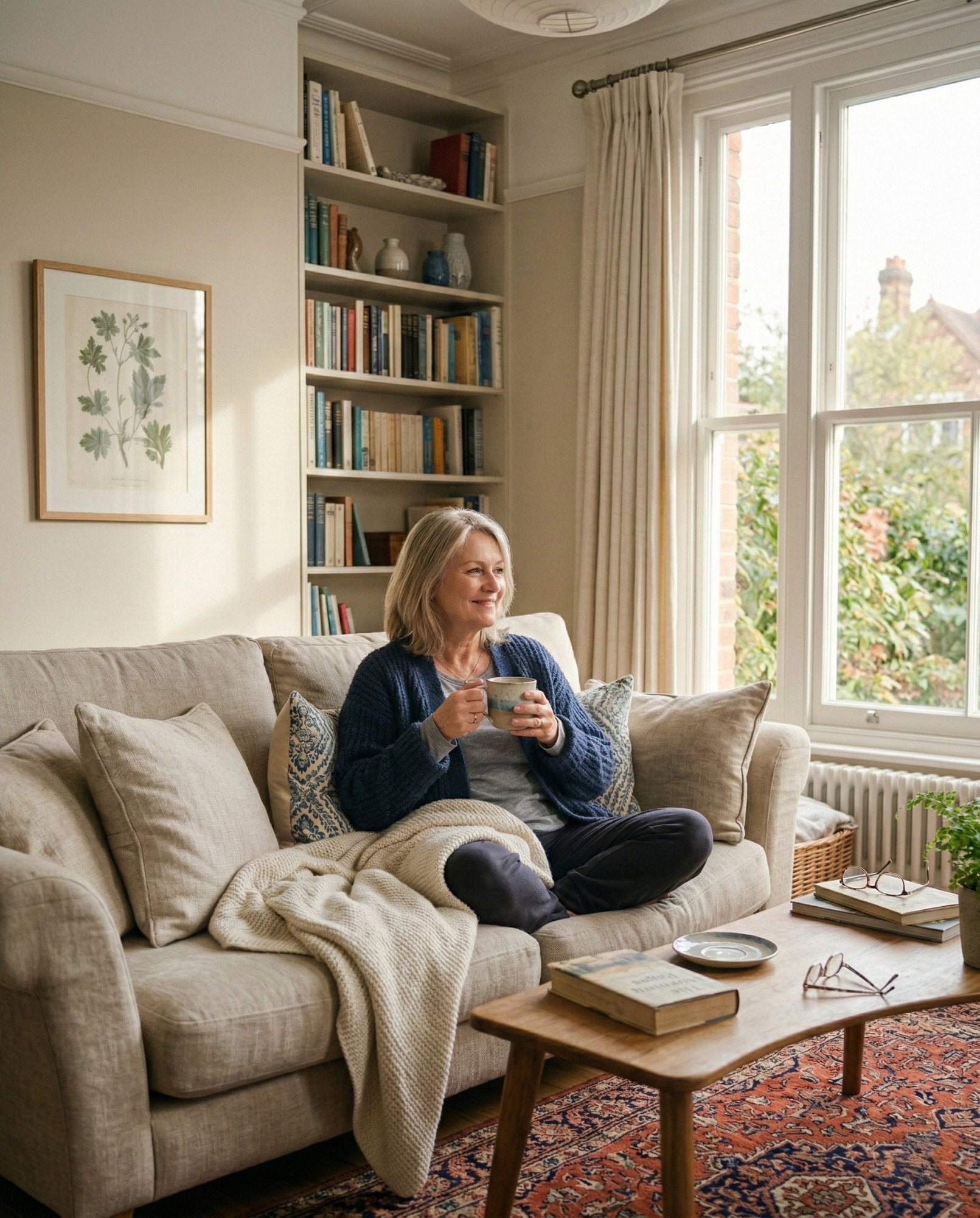 Person relaxing on sofa with a cup of tea, enjoying comfortable morning light