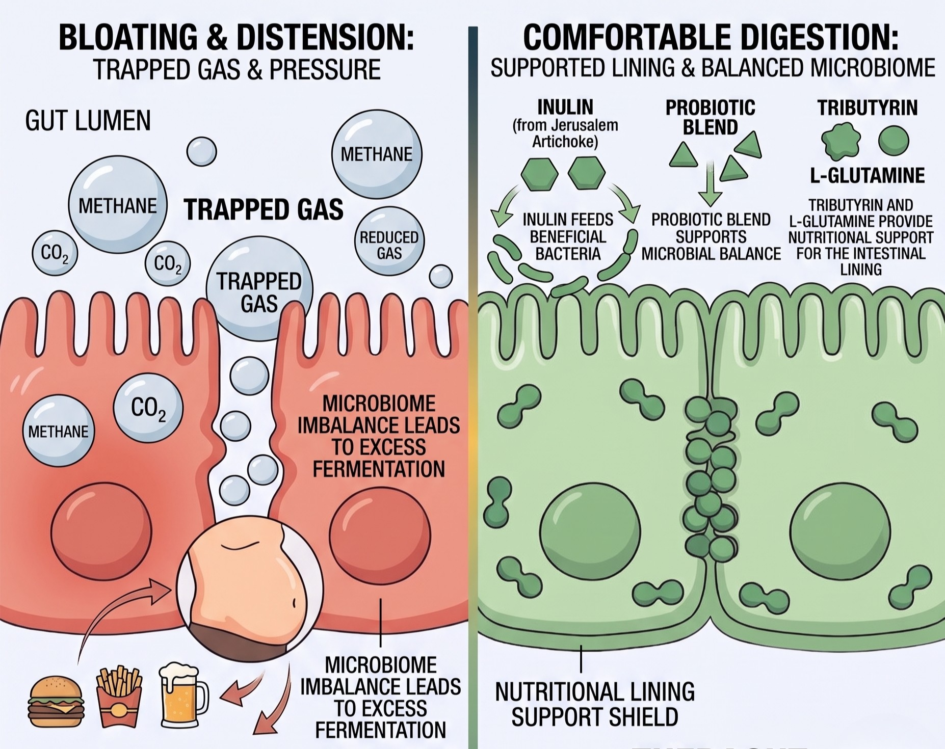 Comparison of bloating and trapped gas with comfortable digestion supported by Inulin, probiotics, Tributyrin, and L-Glutamine