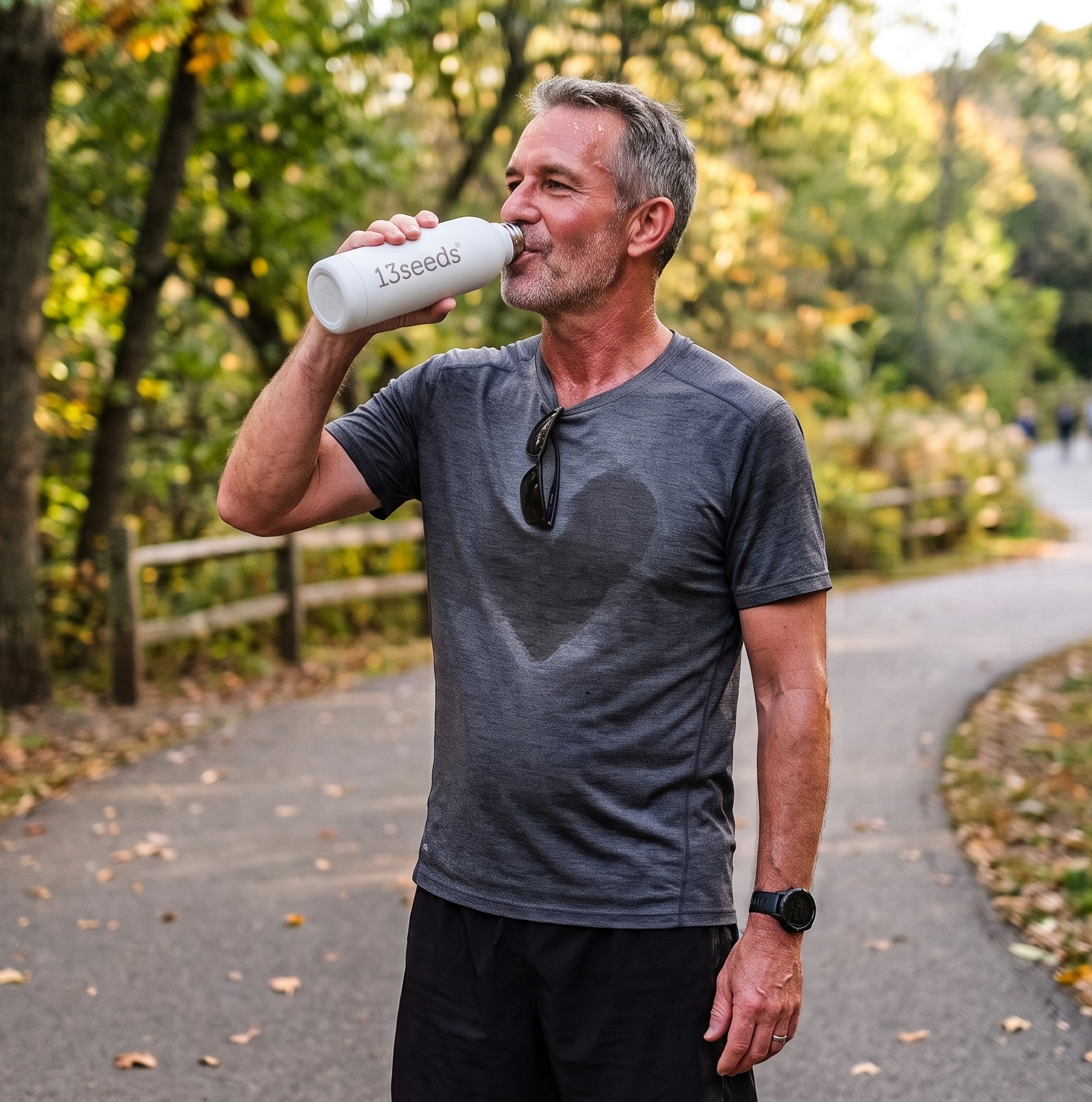 Man over 40 drinking from a 13 Seeds bottle as part of his daily routine