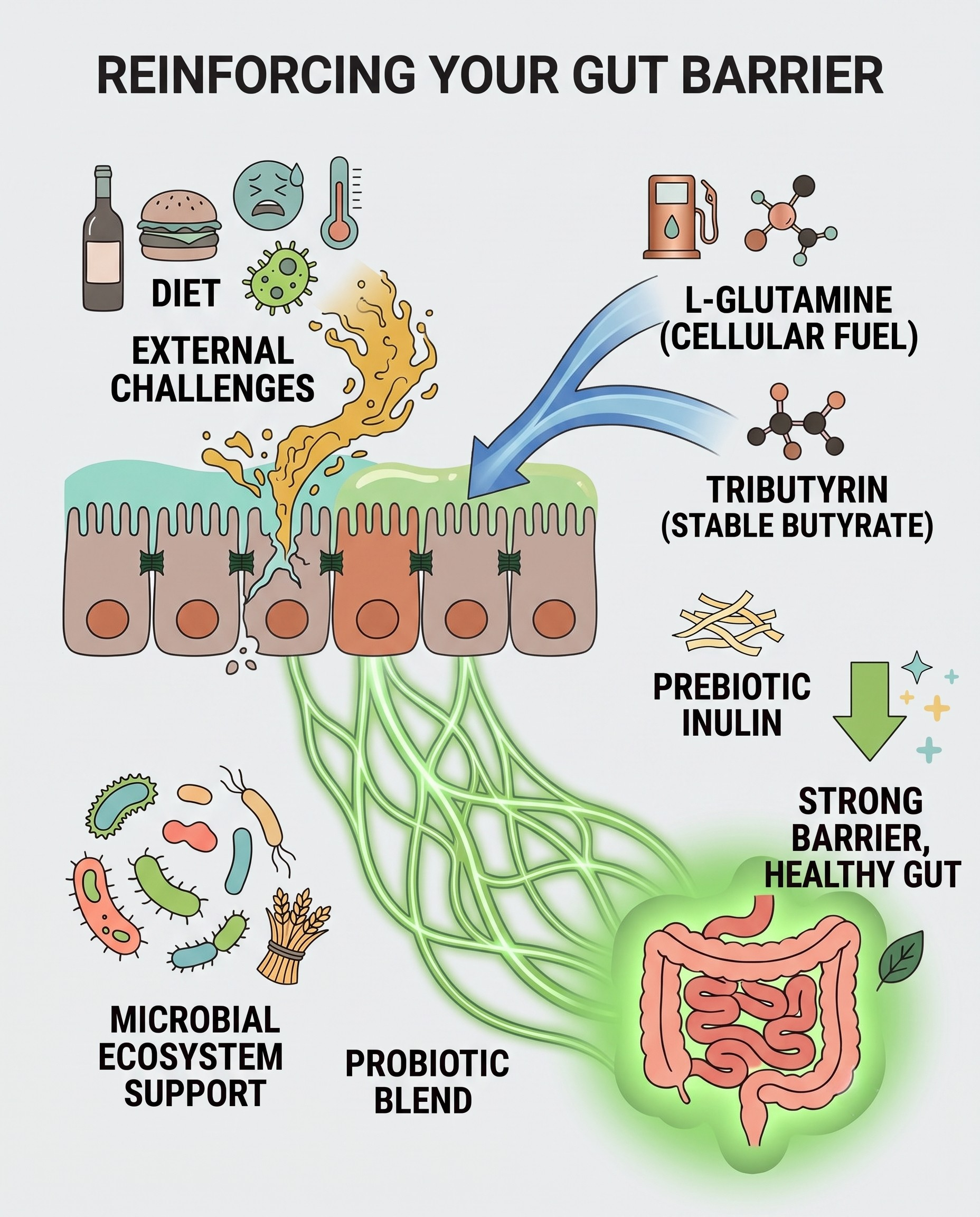 Diagram showing L-Glutamine, Tributyrin, prebiotic Inulin, and probiotics supporting the intestinal barrier