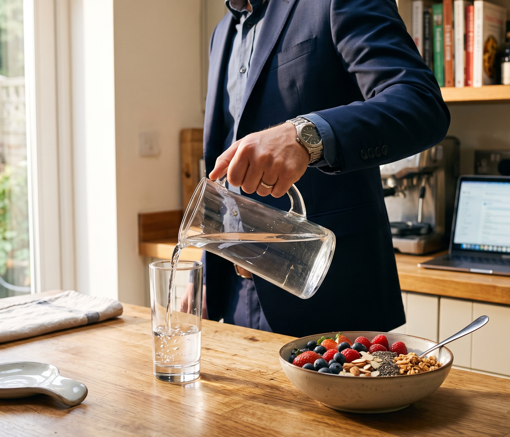 Man preparing water and a fibre-rich breakfast as part of a healthier daily routine